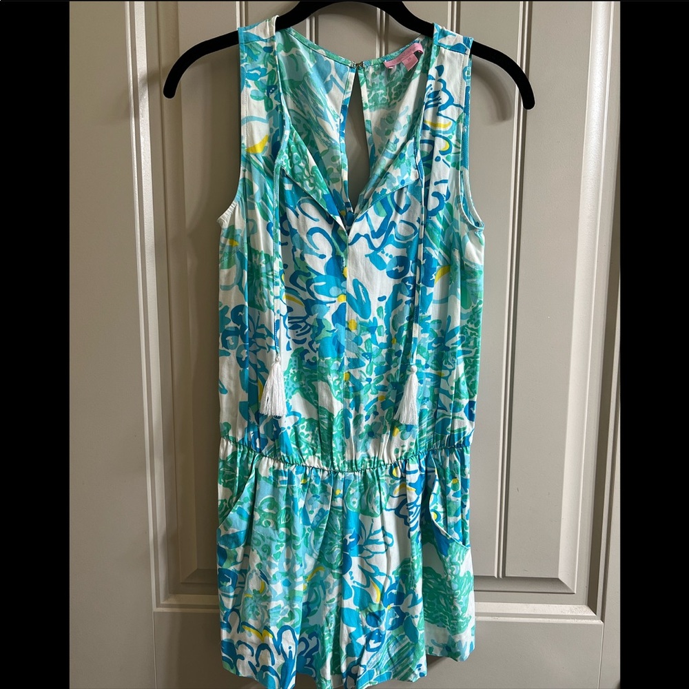 Lilly Pulitzer blue, white, yellow floral printed romper with tassels & pockets